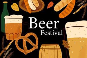 Beer festival card design with stylized illustration mugs of beer, pretzel snack and grilled sausage on black background vector