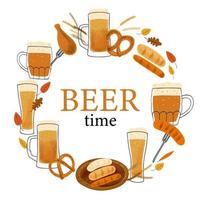 Frame background with stylized illustration mugs of beer, pretzel snack and grilled sausage on white background and text Beer time vector