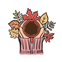 Hands holding mug against the background of autumn leaves. Vector illustration of fall icon