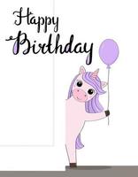 Cute greeting card with unicorn and happy birthday text. A pink and purple horse with a balloon is peeking out the door. Template for a greeting card. vector