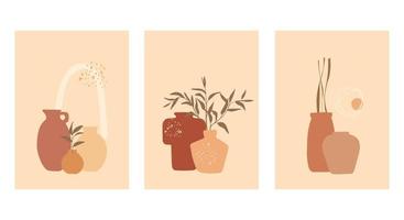 A set of posters with abstract still lifes in pastel colors. Vases of unusual shape in beige tones. Flat modern vector illustration.