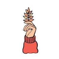 The hand holds autumn leaf. The symbol, icon of enjoyment in fall. vector