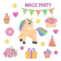 Set for birthday party decor with unicorn, cupcakes, flowers, stars, hearts. Bright cartoon vector illustration.