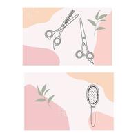Haidresser business card with abstract spots and the outline of a pair of scissors and a comb. Rectangular backgrounds with hair salon accessories in line art style. vector