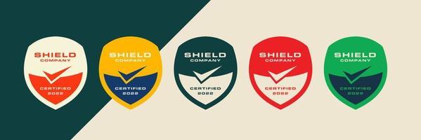 Shield icon certified with checklist shape. Retro concept logo mark. Vector guarantee retail design.