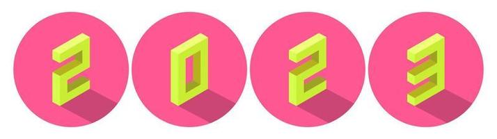 New Year yellow color 2023 in pink circle design. Isometric style. vector