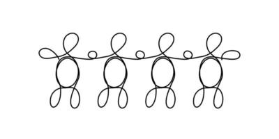 Chain of people in line art style. Black outline on white. Teamwork, friendship concept vector