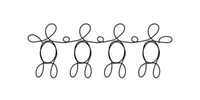 Chain of people in line art style. Black outline on white. Teamwork, friendship concept vector