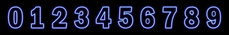 Set of neon blue numbers on black background. Serial number, price, place vector