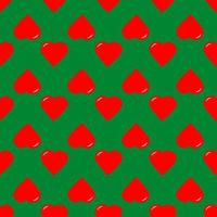 Seamless pattern of staggered red hearts on a green background. vector