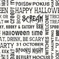 Seamless halloween text pattern with slogans, quotes, phrases, common holiday words. Spiderweb behind in grunge style. Various grunge fonts. Monochrome background for textile, fabric, surface design vector