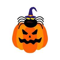 Pumpkin with a spider in a witchs hat. Heluins theme vector