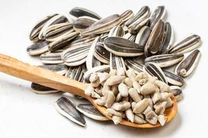 cores in wood spoon and pile of sunflower seeds photo