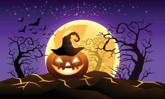 Happy halloween background dark night full moon with pumpkin,  tree and bats. vector illustration.