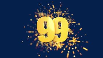 Gold number 99 in the foreground with gold confetti falling and fireworks behind out of focus against a dark blue background. 3D Animation video