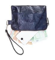 leather pouch bag with phone and euros isolated photo