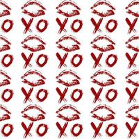 Lips print and XOXO written with red lipstick. XO and lipstick kiss seamless pattern. Hugs and kisses Vector illustration. Valentines day background.  Fashion, beauty and glamour concept.