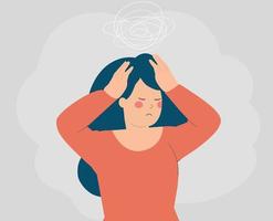 Woman with tangled thoughts has a panic attack and touches her head because of depression and stress. Depressed female has anxiety and feels nervous. Mental health disorders concept. vector