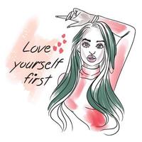 ámate a ti mismo primero, escrito a mano, cita inspiradora, hermosa chica con cabello largo, estado de ánimo vector