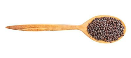 top view of wood spoon with black mustard seeds photo