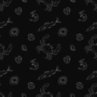 Seamless Pattern With Shrimp, Fish, Crabs And Mussels, Outline Illustration. Sea Food. vector