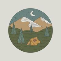 insignia con tienda, bosque y montañas. concepto de camping, recreación al aire libre. vector