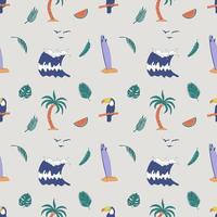 Seamless Pattern With Hand Drawn Elements With A Surf Theme. Wave, Surf, Palm Trees And More. vector