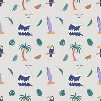 Seamless Pattern With Hand Drawn Elements With A Surf Theme. Wave, Surf, Palm Trees And More. vector