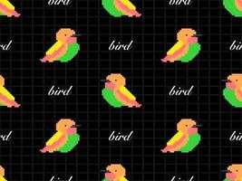 Bird cartoon character seamless pattern on black background.  Pixel style vector