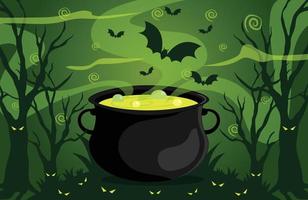 Halloween green background with black pot and flying bat in full scary night vector