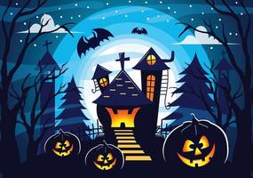 Spooky Halloween fantasy vector castle witch pumpkin bat blue moonlight background illustrations.
