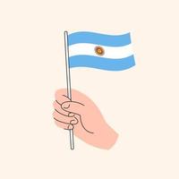 mano de dibujos animados sosteniendo el icono de la bandera argentina. la bandera de argentina, ilustración conceptual. vector aislado de diseño plano.