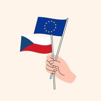 Cartoon Hand Holding European Union And Czech Flags. EU Czech Republic Relationships. Concept of Diplomacy, Politics And Democratic Negotiations. Flat Design Isolated Vector