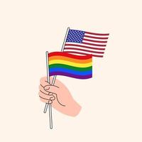 Cartoon Hand Holding United States And LGBTQ Rainbow Flags. US and LGBT Minorities Relationships. Concept of Freedom of Love, Speech and Human Rights. Flat Design Isolated Vector