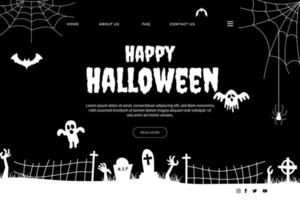 Happy Halloween Website Design. Flat Halloween Landing Page Template with silhouettes of pumpkins, bats, and haunted house vector