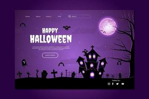 Happy Halloween Website Design. Flat Halloween Landing Page Template with silhouettes of pumpkins, bats, and haunted house vector
