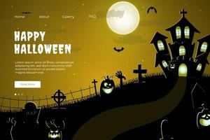 diseño de sitio web feliz halloween. plantilla plana de página de destino de halloween con siluetas de calabazas, murciélagos y casa embrujada vector