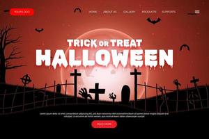 Happy Halloween Website Design. Flat Halloween Landing Page Template with silhouettes of pumpkins, bats, and haunted house vector