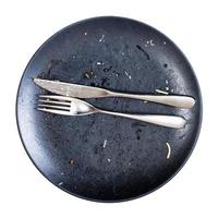 knife and fork lie parallel on plate isolated photo