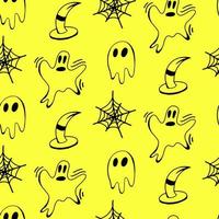 Vector halloween ghost, cobweb, witch hat seamless pattern wallpaper. Cute illustration for seasonal design, textile, decoration kids playroom or greeting card. Hand drawn prints and doodle.