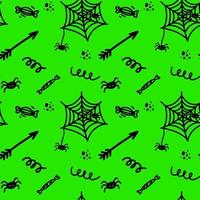 Vector halloween seamless pattern of spider, cobweb, candy, arrow, curl, points. Cute illustration for seasonal design, textile, decoration kids playroom or greeting card. Hand drawn prints and doodle