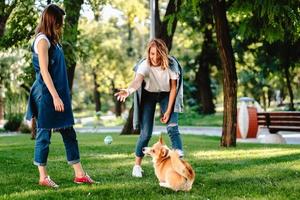 Two female friend in the park play with little dog photo