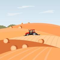 Agriculture industry, farming field with a tractor. Rural landscape with copy space for text. Vector illustration.