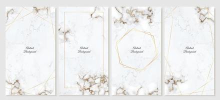 A set of elegant marbled social media templates. Collection of vector backgrounds with white marble, gold sequins and geometric lines