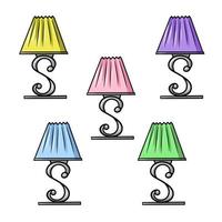 Table lamp with a beautiful fabric shade, on a curved stand, a set of colored vector illustrations in cartoon style on a white background