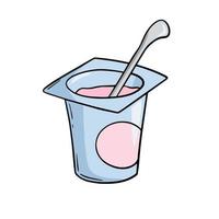 Frasco de plástico pequeño abierto claro con yogur de fruta rosa y cuchara, espacio de copia, vector de estilo de dibujos animados sobre fondo blanco.