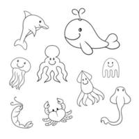 Monochrome set of icons, sea characters, big whale, squid and stingray, jellyfish, crab and shrimp, vector illustration in cartoon style