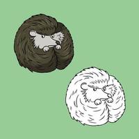 A set of images, a cute brown little hedgehog curled up in a ball, a vector illustration in cartoon style on a colored background