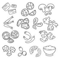 Monochrome set of various pizza toppings in cartoon style, images of various pizza toppings, vector illustration on a white background