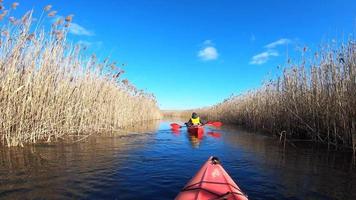 Group of people in kayaks among reeds on the autumn river. photo